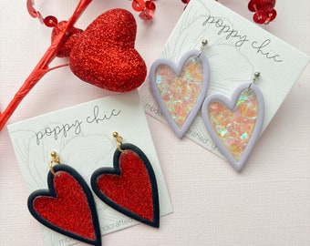 Valentines Day Polymer Clay Dangles, Glitter Heart Earrings,