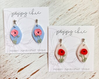 Flower Earrings, Polymer Clay Dangles, Summer Earrings, Gift For Her, Poppy Earrings, Poppy Flowers, Lydia in Poppy