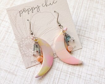 Polymer Clay Moon Earrings, Pastel Beaded Moon, Gift for her, Beaded Earrings, Pink Moon Dangles