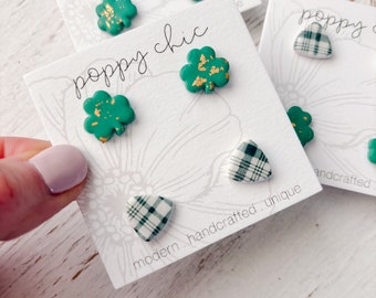 St Patricks Day Earrings, Polymer Clay Studs, Green Earrings, St Patty's Day,Shamrock Studs