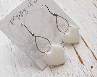 Boho Clay Earrings in Shimmering White, Neutral Dangles, Bridal Gift, Gift for Her, Springtime, Avery