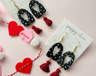 Valentines Day Polymer Clay Dangles, Polka Dot Valentine Earrings, Heart Earrings,