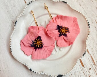 Clay Flower Earrings, Poppy Flower, Floral Earrings, Pink Poppy, Coral Poppy Hoops