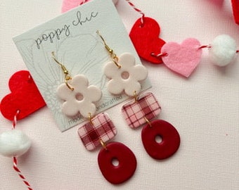 Polymer Clay Valentine’s Day Earrings, Flower Dangles, Clay Earrings Handmade, Gracie