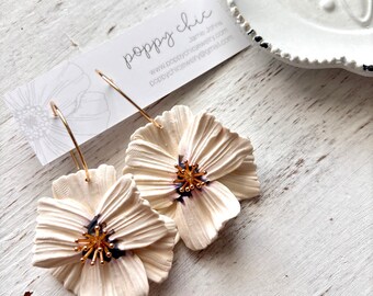 Poppy Earrings, Handmade Polymer Clay Flowers, Neutral Flower Hoops, Ivory Poppy Hoops