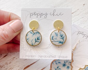 Blue and White Floral Pattern Polymer Clay Earrings, Bridesmaid Gift, Romantic Floral, Mona in Georgette