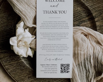 Bedankkaart bruiloft met QR-code, minimalistische welkomst- en bedankttafelkaarten, afdrukbaar welkomstbericht bij de receptie, couvert Canva DIY