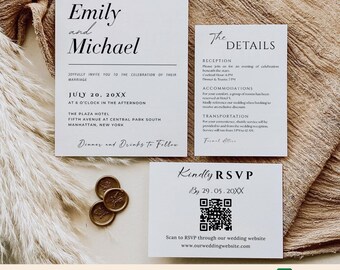 Minimalist Wedding Invitation Template Bundle with Qr Code, Online Rsvp, Details Card, Modern Invite Suite, Editable Printable Details Set