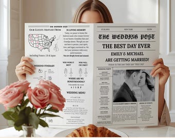 Folded Printable Wedding Newspaper Program Canva Template, Infographic Ceremony Newspaper Schedule, Newlywed Times Newspaper Wedding Program
