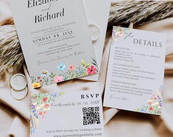 Wildflower Wedding Invitation Suite Template Canva, Rustic Floral Wedding Invite Templates Bundle, Invitation Set with QR Code RSVP Card.