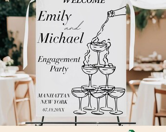 Engagement Party Champagne Tower Sign| Editable Wedding Welcome Poster| Hand Drawn Black & White Engagement Toast Template| Instant Download