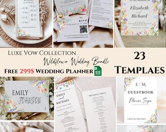 Wildflower Wedding Reception Sign Bundle – Editable Floral Table Signs, Printable Canva Wedding Signage Templates.