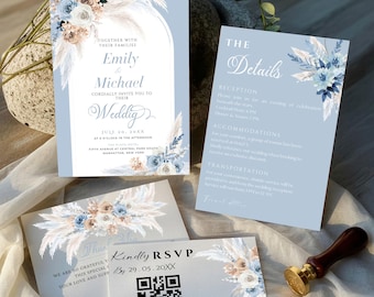 May include: A set of wedding stationery in shades of blue, beige, and white. The invitation, details card, RSVP card, and thank you card feature floral and pampas grass designs. A gold pen and wax seal are also present.