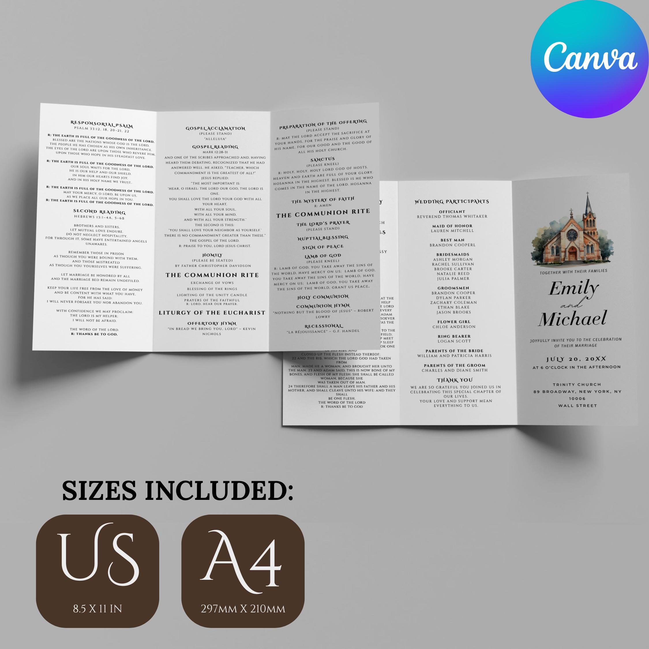 Catholic Mass Wedding Program Template Watercolor Venue, Trifold ...