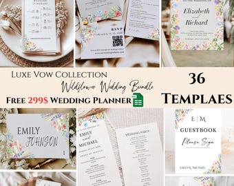 Wildflower Wedding Bundle Template Printable Wedding Invitation Bundle Boho Floral Wedding Invite Set Editable Large Wedding Bundle.
