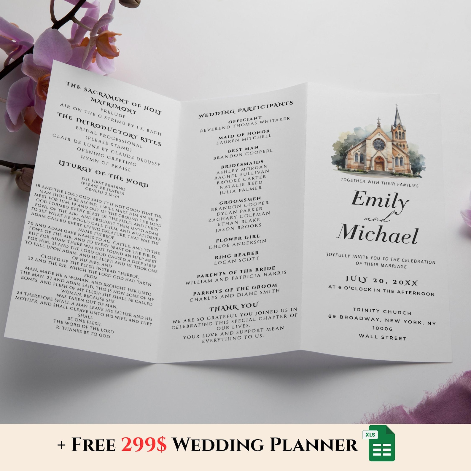 Catholic Mass Wedding Program Template Watercolor Venue, Trifold ...