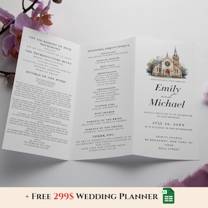 Puede incluir: Una invitación de boda tríptica con una ilustración de acuarela de una iglesia. La invitación incluye los nombres "Emily" y "Michael", la fecha, hora y lugar de la boda. También se incluye la lista de invitados.