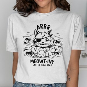 Pirate Cat T-Shirt, Gift for Cat Lovers, Meowt-Iny on the High Seas Tee, Cute Cat with Pirate Theme, Funny Cat Shirt, Pet Lover Gift Tee
