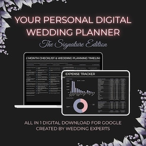 Signature Edition Digitaler Hochzeitsplaner | All-in-One 30+ Blatt Google Vorlage | Hochzeitsübersicht, Auswahl des Veranstaltungsortes, Master-Chronik und mehr