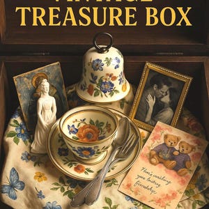 Peut inclure: Un coffre au trésor en bois avec le texte "MYSTERY VINTAGE TREASURE BOX" contient une tasse à thé, une cloche, une photo encadrée et des cartes. La tasse à thé et la cloche ont des motifs floraux. Une petite statue et des couverts sont également à l'intérieur.