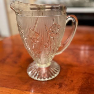 Vintage Jeannette Glass Iris & Herringbone Water Pitcher Clear Depression Carnival Glass 1930s Elegant Table Setting Floral Antique Crystal