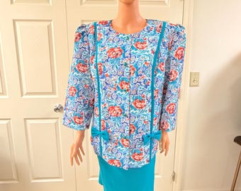 NWT NOS Vintage CB New York 2 Piece Skirt Suit Set Size 20WP Teal Blue Floral 3/4 Sleeve Top Dress 80 90s Retro Womens Spring Easter Outfit