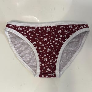 May include: A pair of burgundy underwear with a white floral pattern. The edges are trimmed with white piping. The interior fabric is a light gray color.