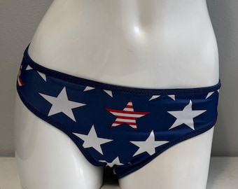 LeoLines, LLC ™ Size AXL Brief - Lycra Fabric Stars and Stripes (Navy Blue Trim) Print Panties Underwear Made for Trans Girls/Women mtf