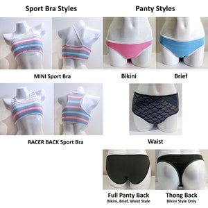 Może przedstawiać: Wizualny przewodnik po r&oacute;żnych stylach biustonoszy sportowych i majtek. Obraz przedstawia sześć r&oacute;żnych styl&oacute;w biustonoszy sportowych i pięć r&oacute;żnych styl&oacute;w majtek. Biustonosze sportowe obejmują mini biustonosz sportowy, biustonosz sportowy z tyłu w kształcie litery V i zwykły biustonosz sportowy. Style majtek obejmują bikini, figi, wysoki stan, pełne majtki z wysokim stanem i stringi.