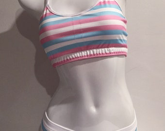 LeoLines, LLC ™ - Transgender FLAG Print 2-Piece Bathing Suit/White Trim Made for Trans Girls/Women - Tops and Bottoms sold separately