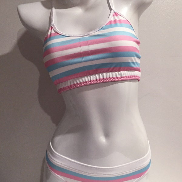 LeoLines, LLC ™ - TRANSGENDER FLAG Striped 2-Piece Bathing Suit/White Trim Made for Trans Girls/Women - Tops and Bottoms sold separately