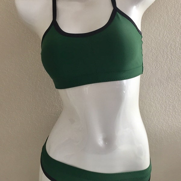 LeoLines, LLC ™ FOREST GREEN 2-Piece Bathing Suit/Black Trim Made for Trans Girls/Women - Child to Adult - Tops and Bottoms sold separately
