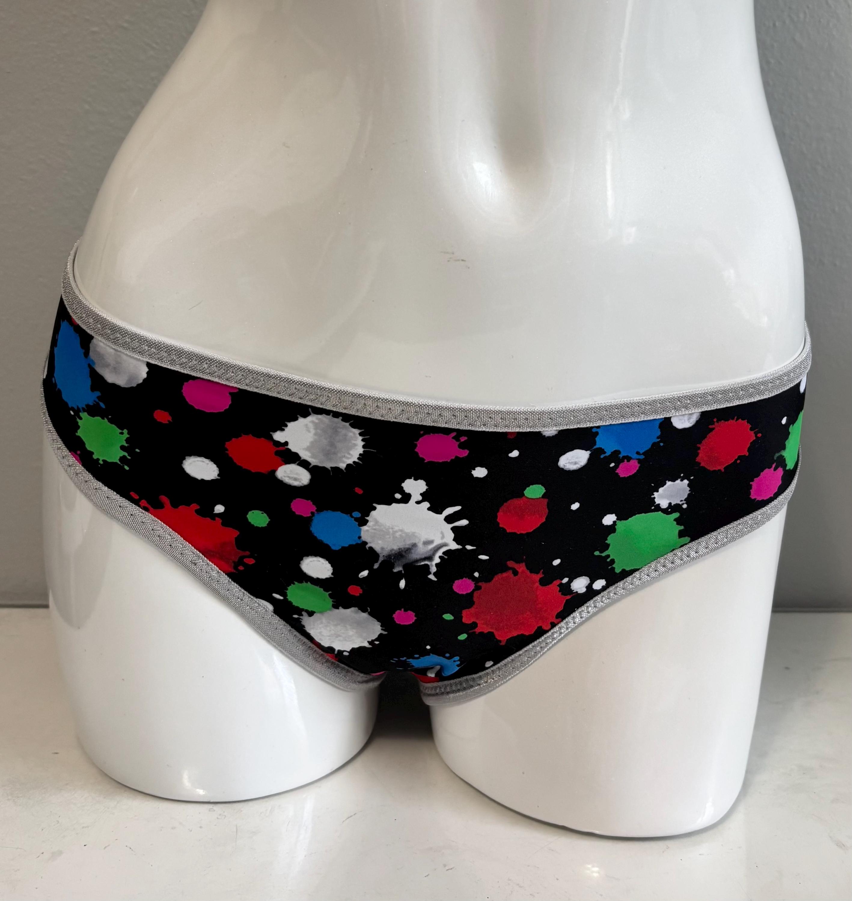 LeoLines, LLC ™ Size AXL Brief - Lycra Fabric Paintball Spatter (Silver Trim) Print Panties Underwear Made for Transgender Girls/Women mtf