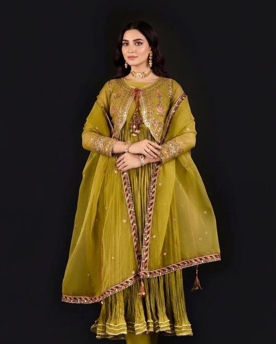 Olive Green Anarkali Dress | Pakistani Formal Outfit | 3pc Crush Silk Frock  Set With Organza Jacket & Net Dupatta | Wedding Wear - Etsy