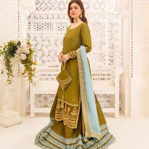 Olive Green Silk Lehenga Dress: Pakistani Wedding Outfit with Tilla & Sequin Embroidery