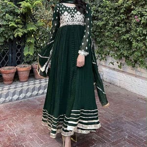 Hand Embroidered Bottle Green Anarkali Dress: Chiffon Dupatta, Silk Trousers