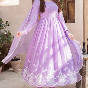 Lilac Anarkali Dress 3Pc | Chiffon Eid Outfit with Dupatta & Pants | Embroidered Frock Set | Pakistani Indian Ethnic Wear