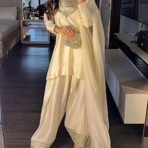 Designer White Farshi Shalwar Kameez Suit in Satin Silk,Heavy Eid Edit Farsi Salwar Suit, Punjabi Patiala Suit,Custom Made for Girls & Women