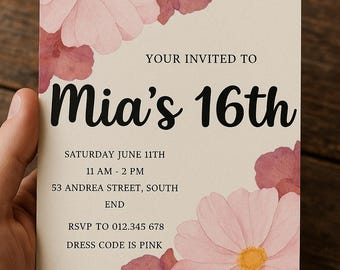 Flower Birthday Template, Birthday Party Invitation Template, Girl Birthday Invitations, Floral Birthday Invite