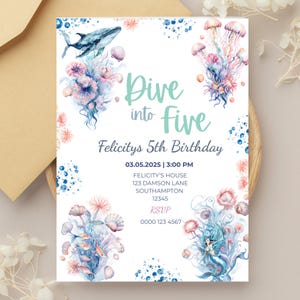 Dive Into Five Mermaid Invitation - Girl 5th Birthday Invite - Editable Template - Pastel Under the Sea Theme - Instant Download