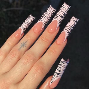 Zebra Print French tips press ons | Square XL press ons | Black Leopard Press Ons | XL press ons | Zebra Y2K Nail Art | Fake False Nails