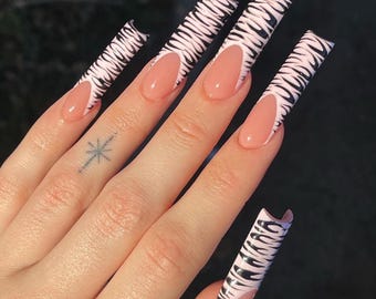 Zebra Print French Tips Aufbügeln | Quadratische XL-Drucke | Schwarz Leopard Press-Ons | XL Aufbügel | Zebra Y2K Nagel-Kunst | Gefälschte falsche Nägel