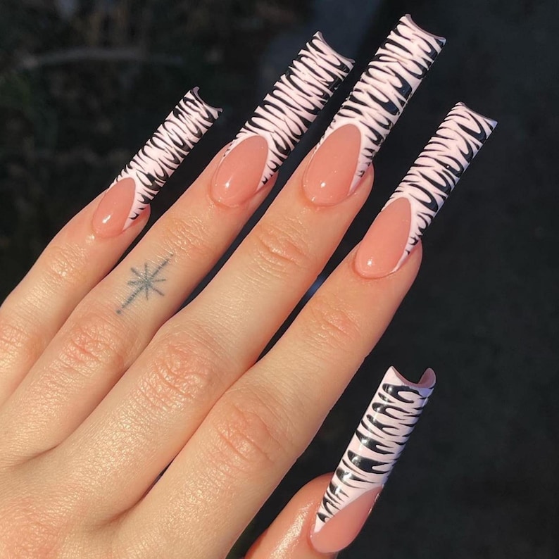 Zebra Print French tips press ons | Square XL press ons | Black Leopard Press Ons | XL press ons | Zebra Y2K Nail Art | Fake False Nails image 1