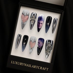 Y2K Anime Press On Nails With Pink Heart, 3D Cross Design, Gothic Devil Style Handmade Nails, Aesthetic Fashion Cosplay Art Lovers Edition