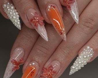Orange Floral Press On Nails | Tropical Orange Nails with 3D Flowers | Summer Vacation Fake Nails | Beach trip  - Tropical getaway Nails
