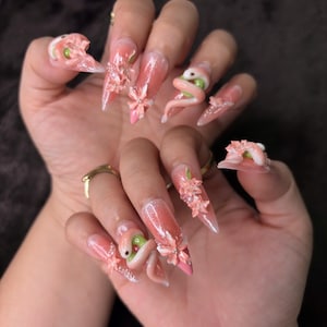 Snake and Cherry Blossom Handmade Press On Nails, Reusable Elegant Nail Art Gift for Women, Unique Symbolic Design for Gift Giving image 1