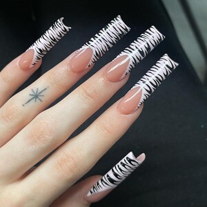 Zebra Print French tips press ons | Square XL press ons | Black Leopard Press Ons | XL press ons | Zebra Y2K Nail Art | Fake False Nails image 3