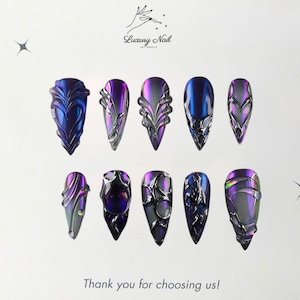 Purple Mirror Chrome Press-On Nails – Gothic Cross Abstract Nail Art, Y2K Edgy Reusable Fake Nails Custom 3D Metallic Medium Stiletto Shape