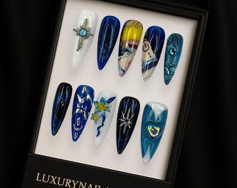 Fire Force Anime Press On Nails With Metallic Gemstone Gel Design, Handmade 3D Flame Cosplay Nail Art In Bold Japanese Style Aesthetic Looks