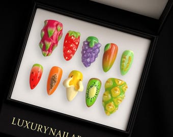 Fresh Fruit Press On Nails | Vibrant Tropical Summer Nail Art | Handmade Strawberry & Citrus Design | Bright Vacation Aesthetic Nails